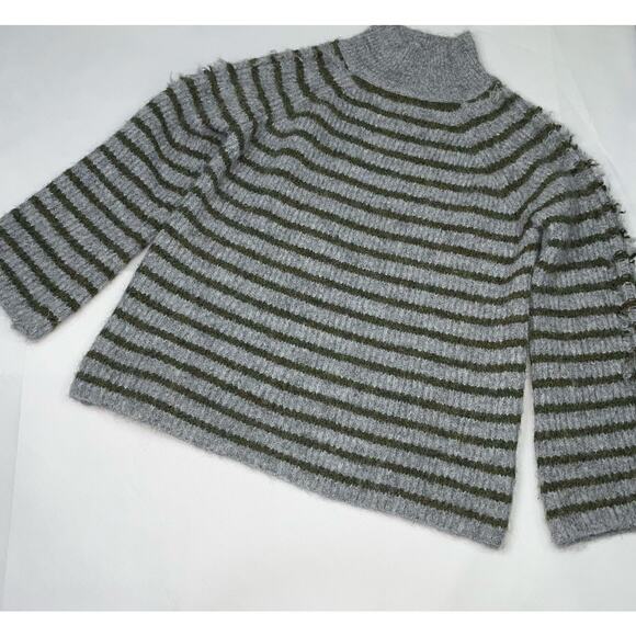 STITCHES + STRIPES Gray Olive Green Fuzzy Stripe Mock Neck Sweater XS - Picture 6 of 16